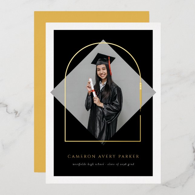Elegant Arch Tassels Frame Modern Photo Graduation Foil Invitation (Front/Back)