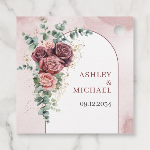 Elegant arch watercolor blush burgundy roses gold favor tags
