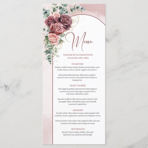 Elegant arch watercolor blush burgundy wedding menu