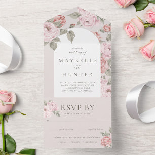 Elegant Arch Watercolor Pink Peony Floral Blossom All In One Invitation