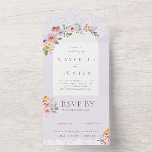 Elegant Arch Watercolor Wildflowers Wood All In One Invitation