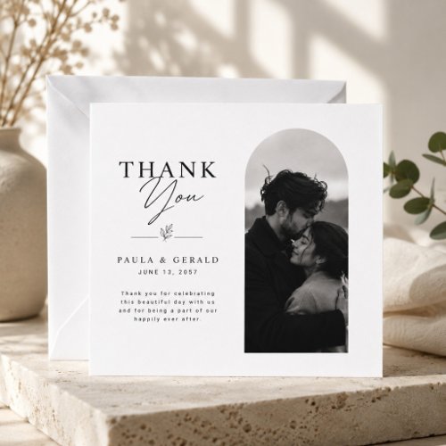 Elegant Arched Black & White Photo Wedding Thank You Card