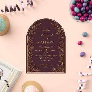 Elegant Arched Burgundy and Gold Foil Acrylic Invitations