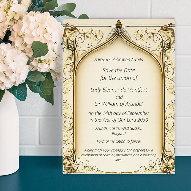 Elegant Arched Save The Date Gold Invitation (Medieval Fantasy Arched Save The Date Invitation)
