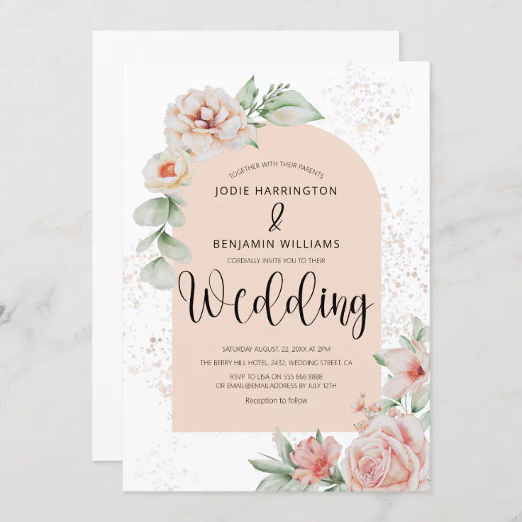 Elegant Arched | Spring Peach Floral Wedding Invitation | Zazzle