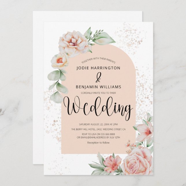 Elegant Arched | Spring Peach Floral Wedding Invitation (Front/Back)