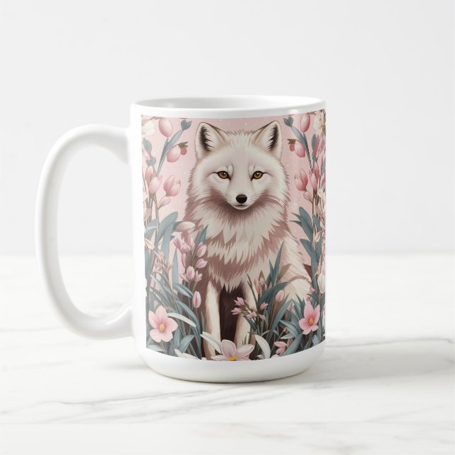 Elegant Arctic Fox Pink Floral Coffee Mug (Left)