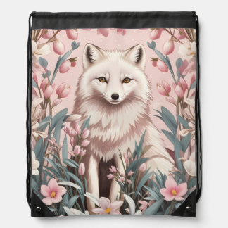 Elegant Arctic Fox Pink Floral Drawstring Bag
