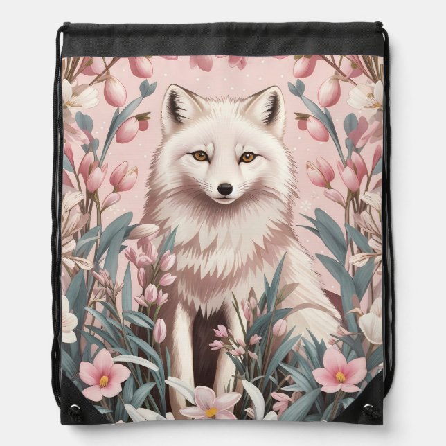 Elegant Arctic Fox Pink Floral Drawstring Bag (Front)