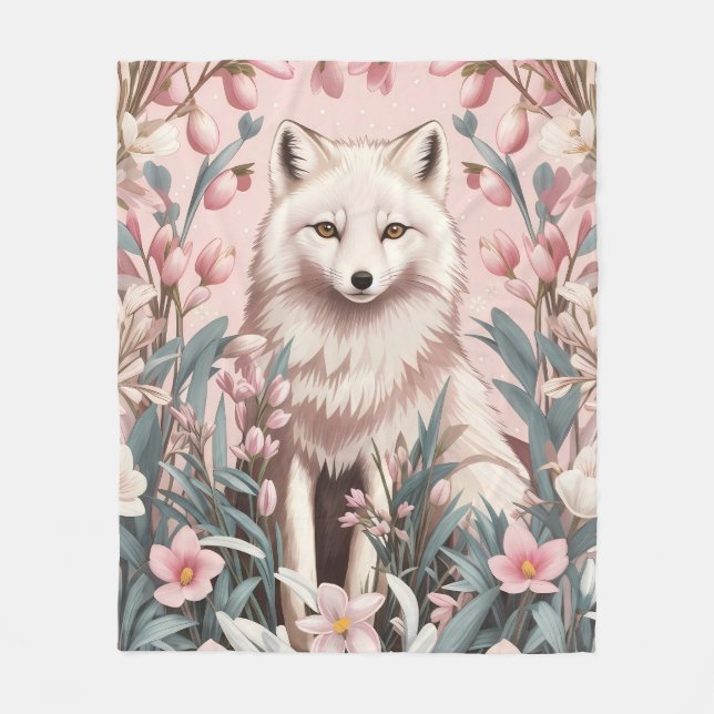 Elegant Arctic Fox Pink Floral Fleece Blanket (Front)