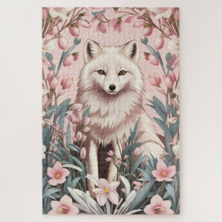 Elegant Arctic Fox Pink Floral Jigsaw Puzzle