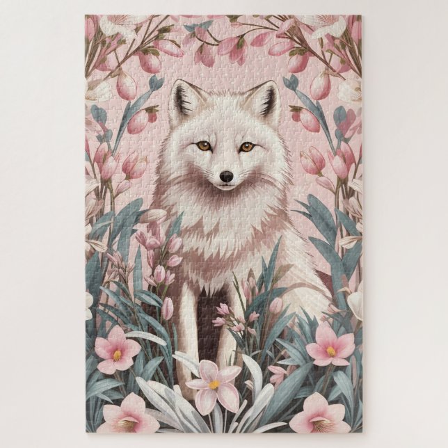 Elegant Arctic Fox Pink Floral Jigsaw Puzzle (Vertical)