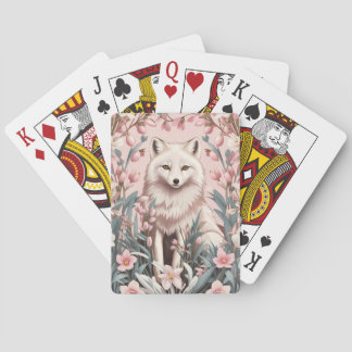Elegant Arctic Fox Pink Floral Poker Cards