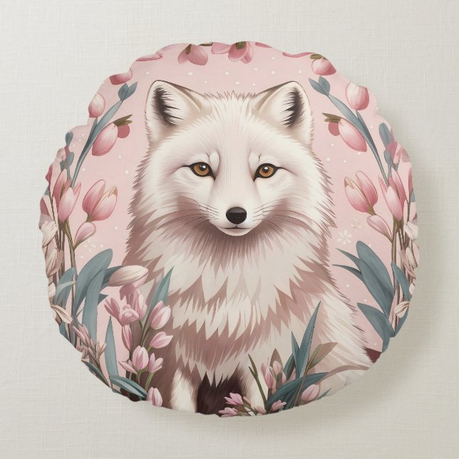Elegant Arctic Fox Pink Floral Round Pillow (Front)