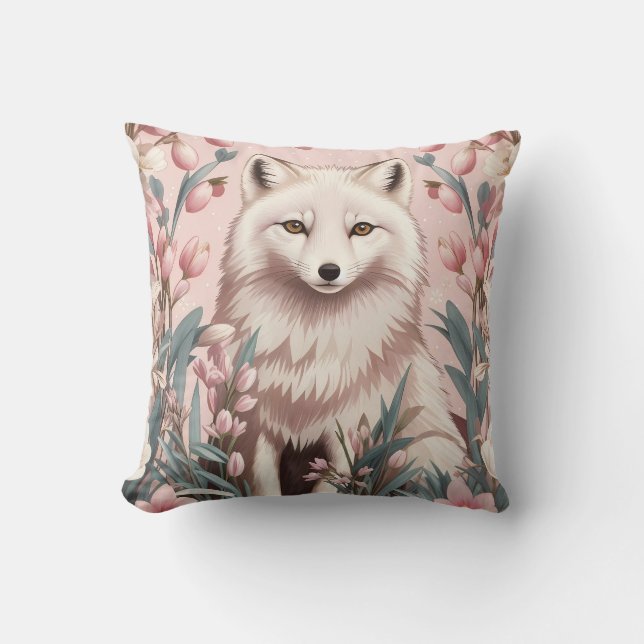 Elegant Arctic Fox Pink Floral Throw Pillow (Front)