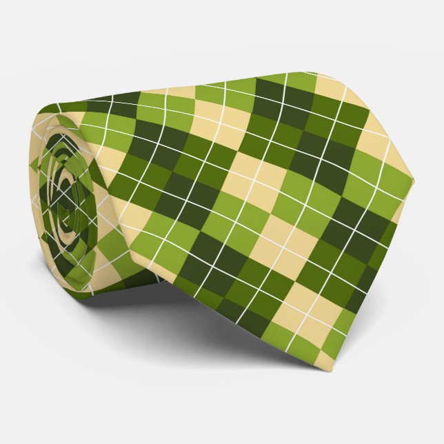 Elegant Argyle Pattern in Green and Yellow Diamond Neck Tie (Rolled)