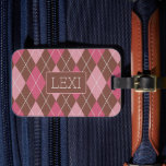 Elegant Argyle Pink &amp; Brown with Name or Initials Luggage Tag