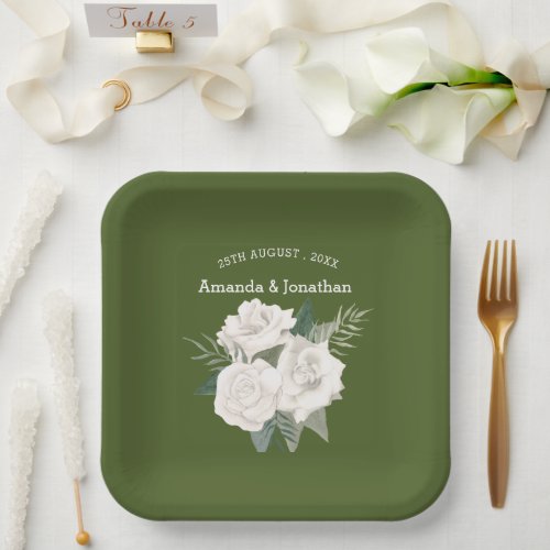 Elegant Army Green and White Roses Wedding  Paper Plates