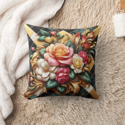 Elegant Arrangement of Colorful Roses and Foliage Throw Pillow