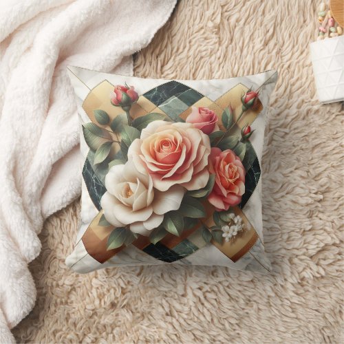 Elegant Arrangement of Colorful Roses on Marble Throw Pillow