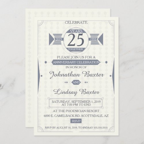 Elegant Art Deco 25th Silver Anniversary Invite