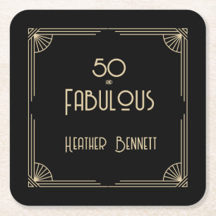 Elegant Art Deco 50 and Fabulous Birthday Square Paper Coaster