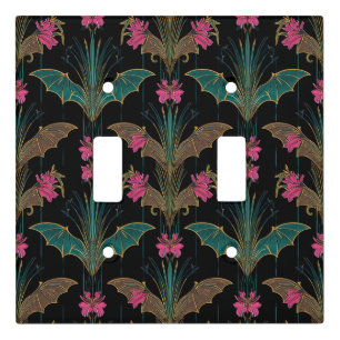 Elegant Art Deco bats and flowers -Teal gold black Light Switch Cover