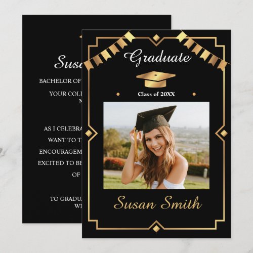 Elegant Art Deco Black and Gold Graduation Announcement
