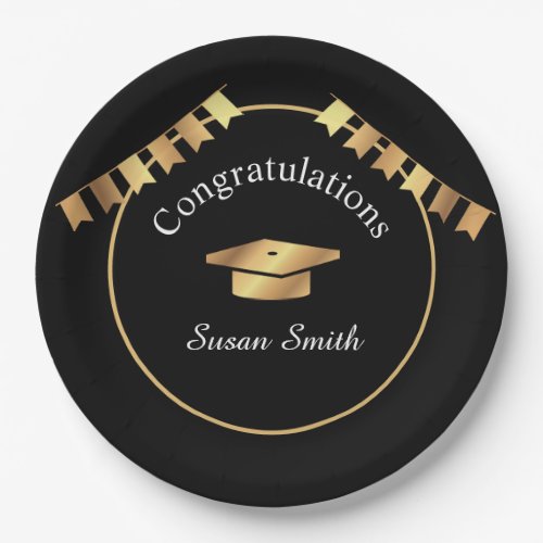 Elegant Art Deco Black and Gold Graduation Paper Plates
