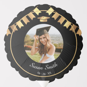 Elegant Art Deco Black and Gold Graduation Photo Balloon