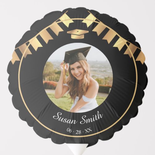 Elegant Art Deco Black and Gold Graduation Photo Balloon