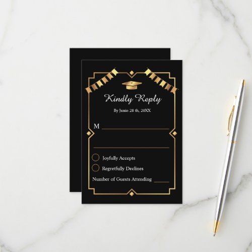 Elegant Art Deco Black and Gold Graduation RSVP Card