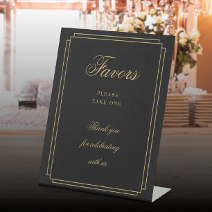Elegant Art Deco Black And Gold Script Favors Pedestal Sign