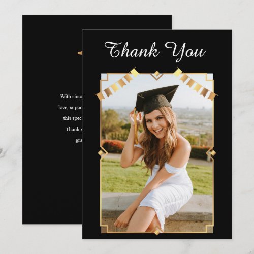Elegant Art Deco Black and Mate Gold Graduation Thank You Card