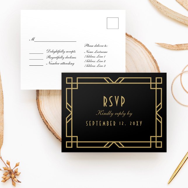 Elegant Art Deco Black Gold Frame Simple RSVP Postcard (Creator Uploaded)