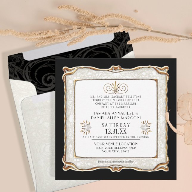 Elegant Art Deco Black Gold Nouveau Gatsby Wedding Invitation (Creator Uploaded)