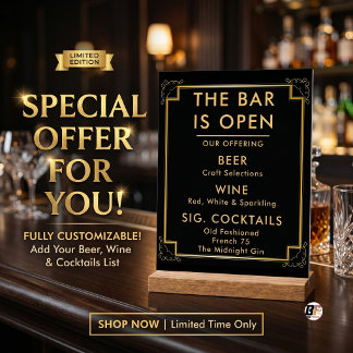 Elegant Art Deco Black & Gold Wedding Bar Menu Acrylic Sign