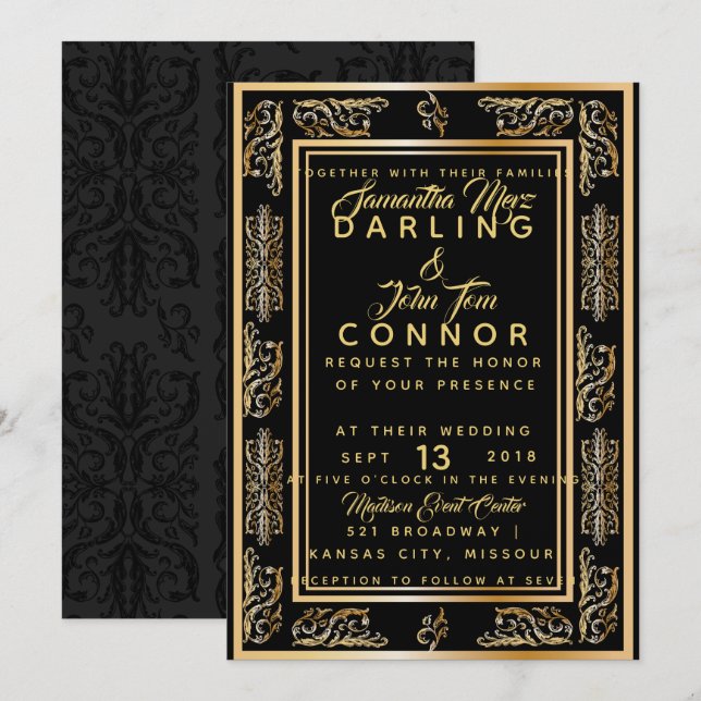 Elegant Art Deco black gold Wedding Invitation (Front/Back)