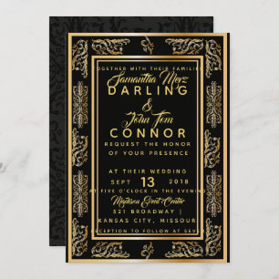 Elegant Art Deco black gold Wedding Invitation