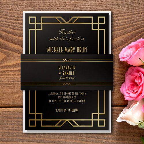 Elegant Art Deco Black Gold Wedding Name Date Invitation Belly Band