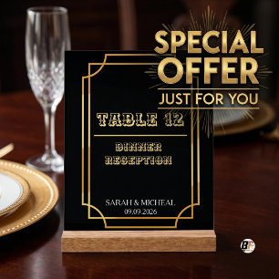 Elegant Art Deco Black & Gold Wedding Table Number Acrylic Sign