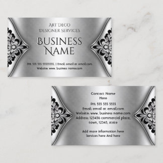 Elegant Art Deco Black Silver Floral Metal look Business Card