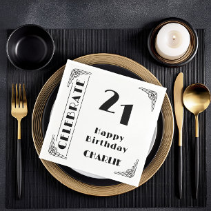 Elegant Art Deco Black & White 21st Birthday Party Napkins