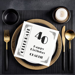 Elegant Art Deco Black & White 40th Birthday Party Napkins