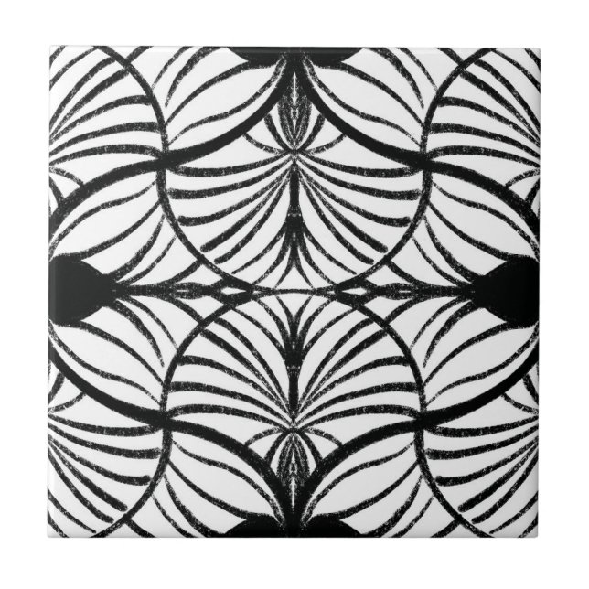 Elegant Art Deco Black & White Gouache Scallops Ceramic Tile (Front)