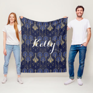 Elegant Art Deco Blue And Gold Fleece Blanket