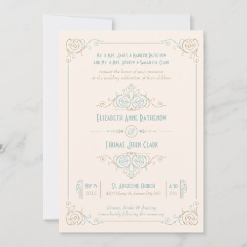 Fancy Art Deco Blue &amp; Cream Wedding Invitations