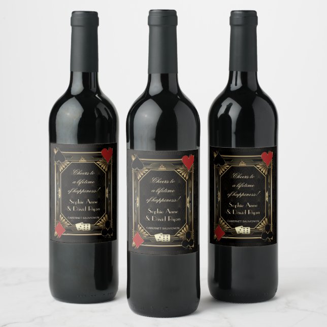 Elegant Art Deco Casino Las Vegas Poker Wedding Wine Label (Bottles)