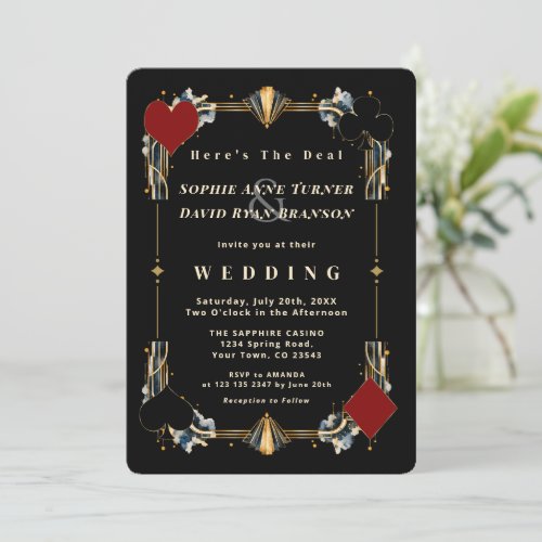 Elegant Art Deco Casino Night Gold QR code Wedding Invitation