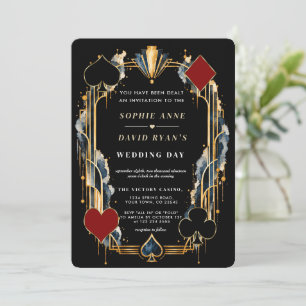 Elegant Art Deco Casino Night Gold QR code Wedding Invitation